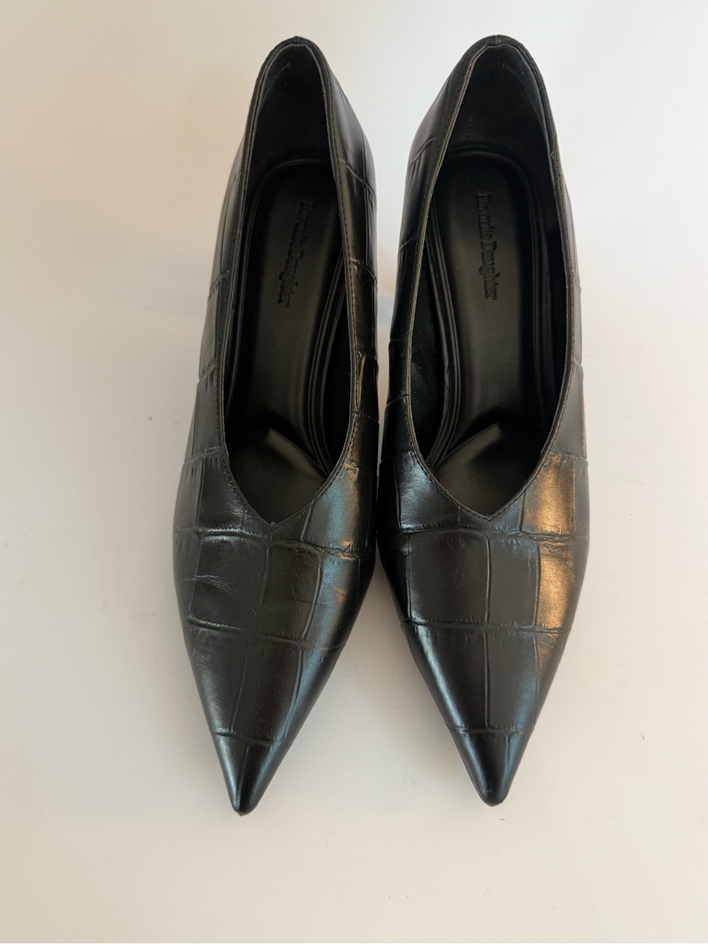 Favorite Daughter Black Croc-Embossed Pointed Toe Pumps
